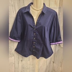 7th Avenue By NY&C Navy Button-Up with Purple Tape Sleeve Detail XL